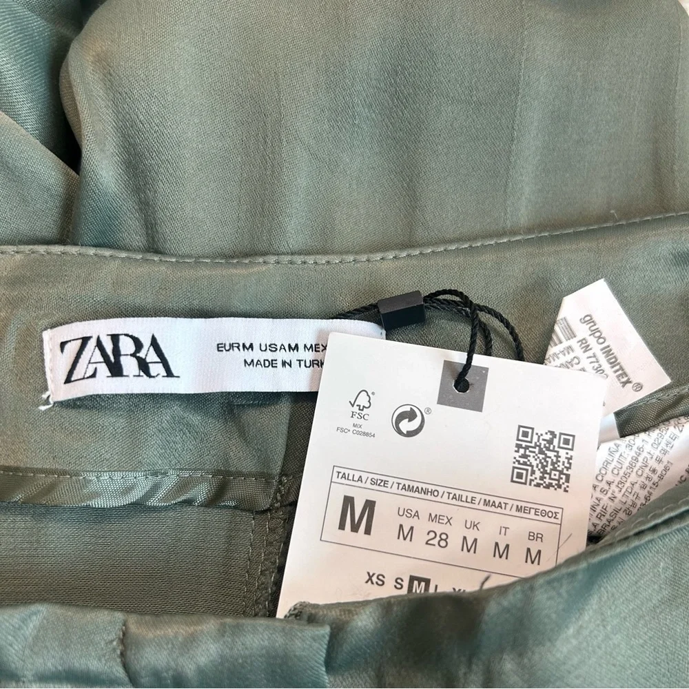 ZARA khaki green full length high waisted pleated wide leg satin effect pants M - Picture 7 of 13